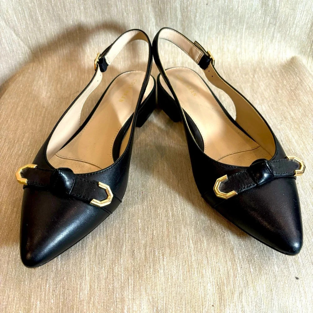 COLE  HAAN Sz 6.5B Leather Flat Pointy Toe Knotted Bow w/ Metal Tips Slingbacks